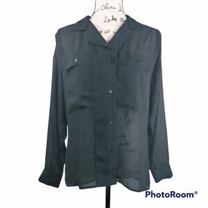 Diane Von Furstenberg VTG Black Sheer Button Up Blouse 12